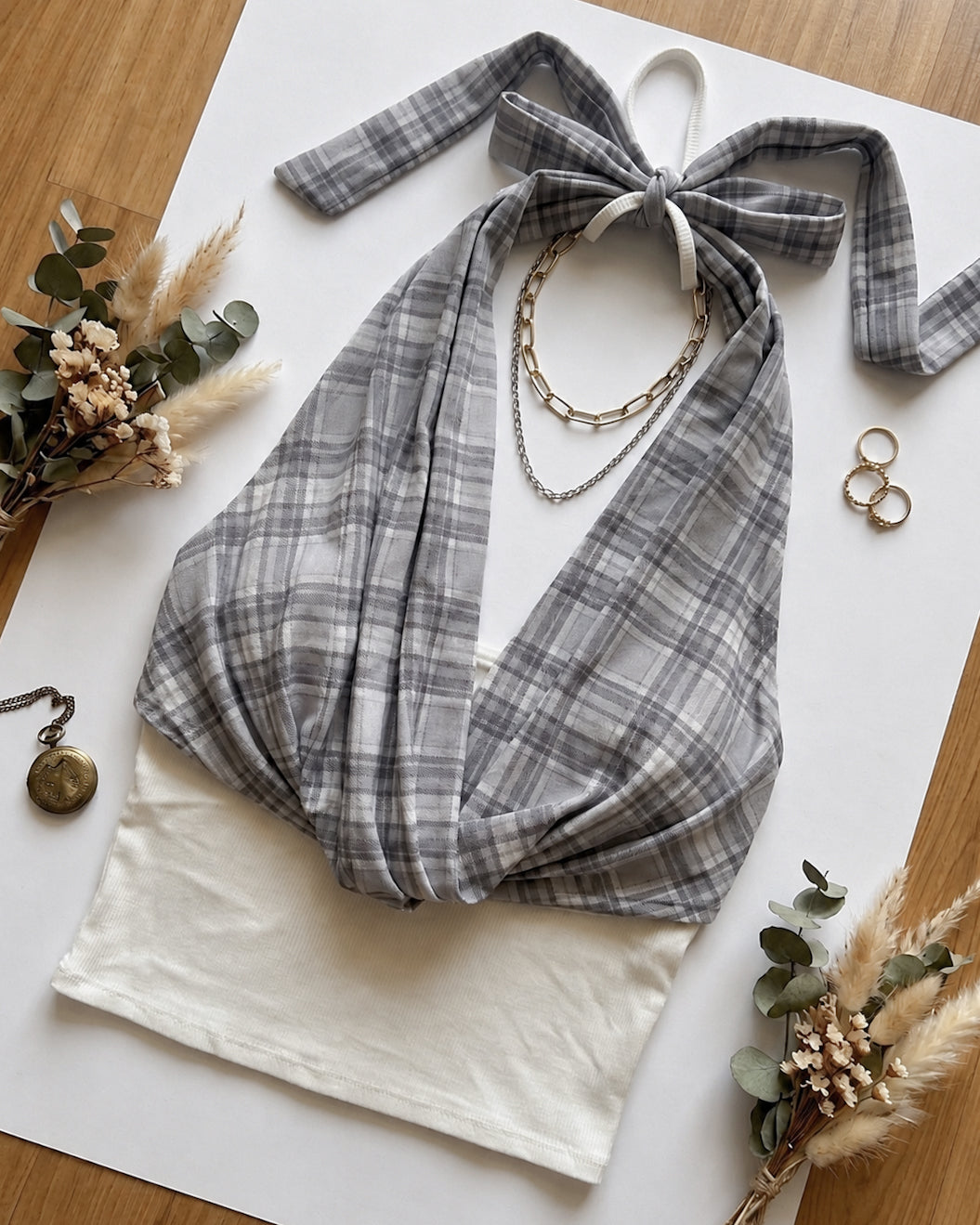 PLAID YOUR CARD PADDED COWL BOW-TIE HALTERNECK TOP
