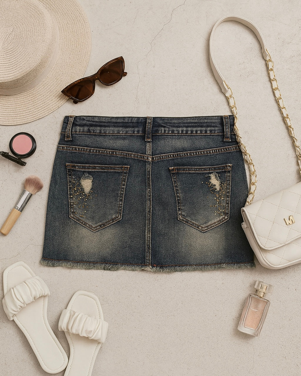 LIGHTS OUT EMBELLISHED DENIM MINI SKIRT