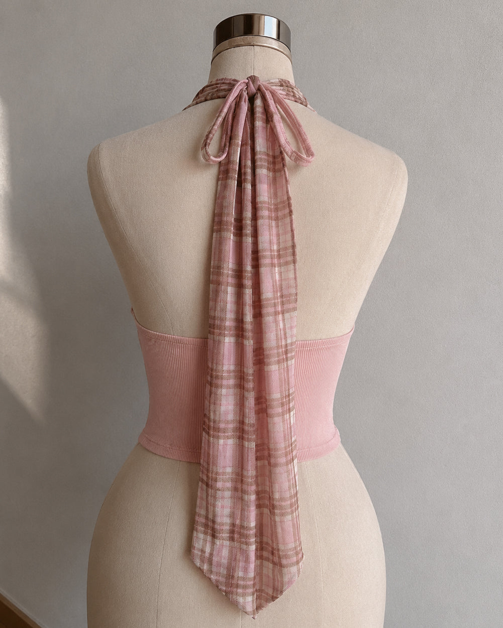 PLAID YOUR CARD PADDED PINK COWL BOW-TIE HALTERNECK TOP