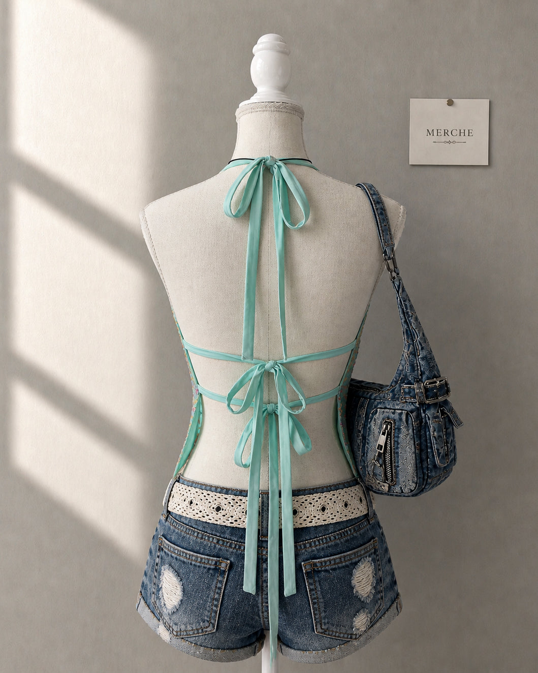 POP PRINCESS EMBROIDERED BLUE BACKLESS TOP