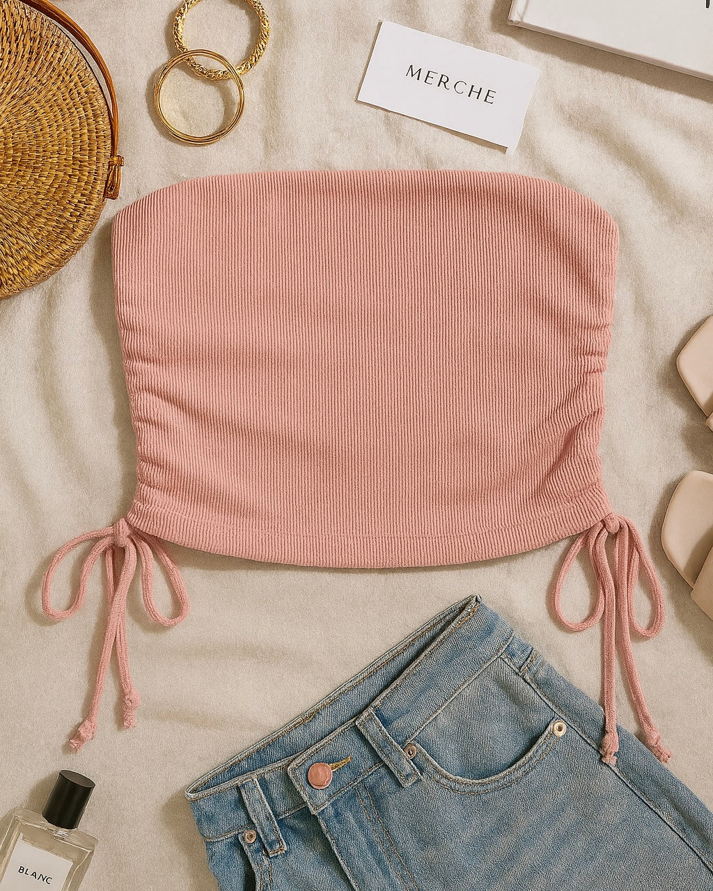SCROLL PAST PINK DRAWSTRING BANDEAU TOP