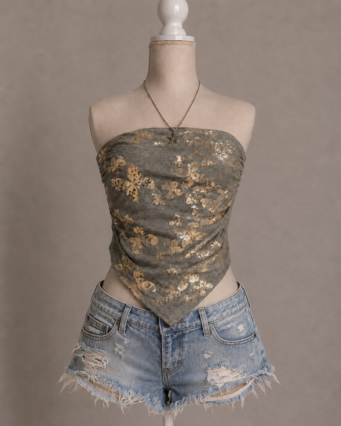 BUTTERFLIES AND EGO PADDED SEQUIN GREY BANDEAU TOP