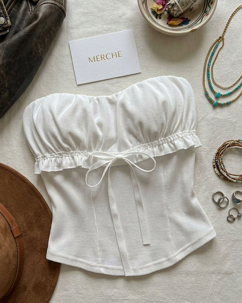 NOT YOUR WHITE PADDED LUXE MESH AND RIBBED BANDEAU TOP