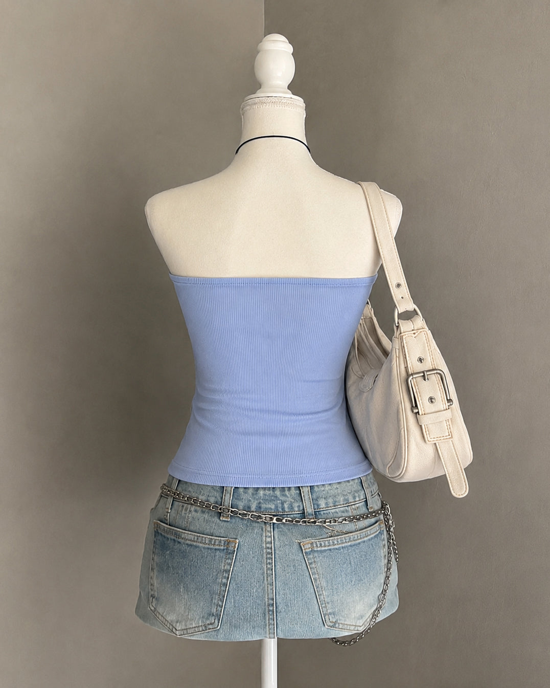 NOT YOUR BABY BLUE PADDED LUXE MESH AND RIBBED BANDEAU TOP