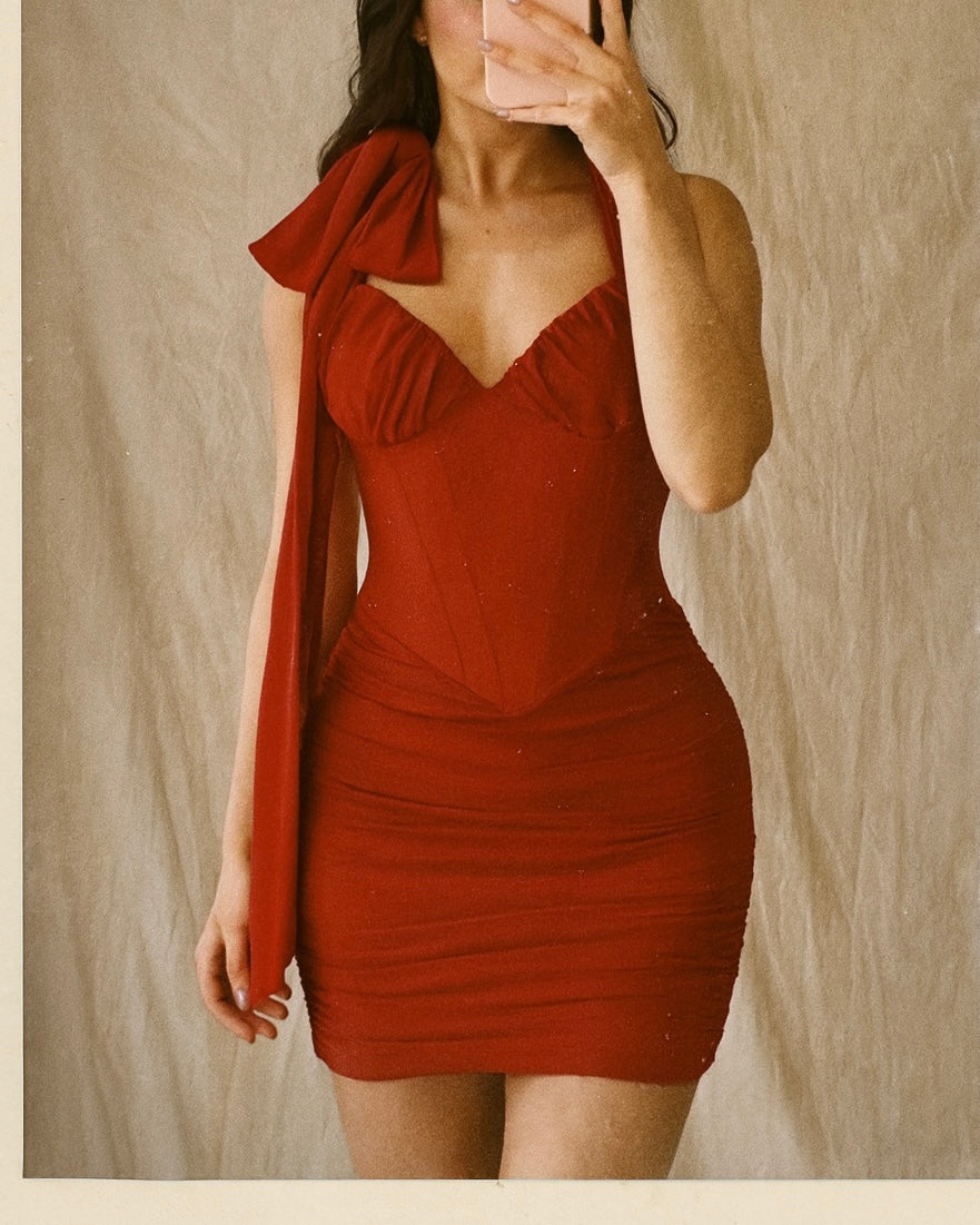 MOVIE STAR MESH DETAIL CORSETED RED HALTERNECK DRESS