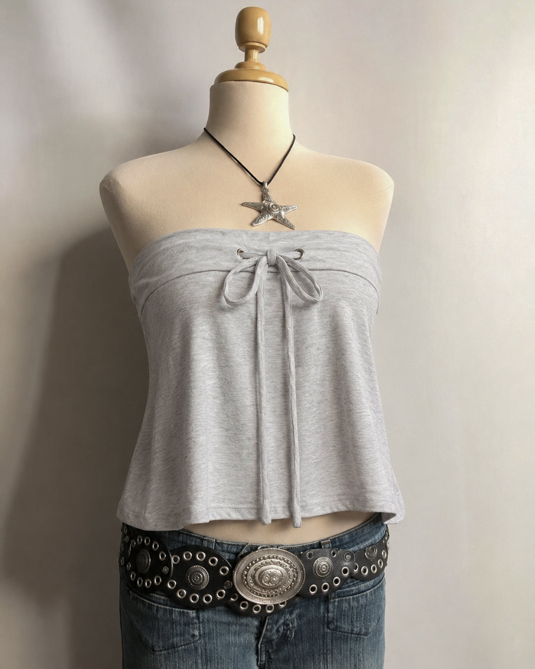 GOOD STORIES GREY DRAWSTRING BANDEAU TOP