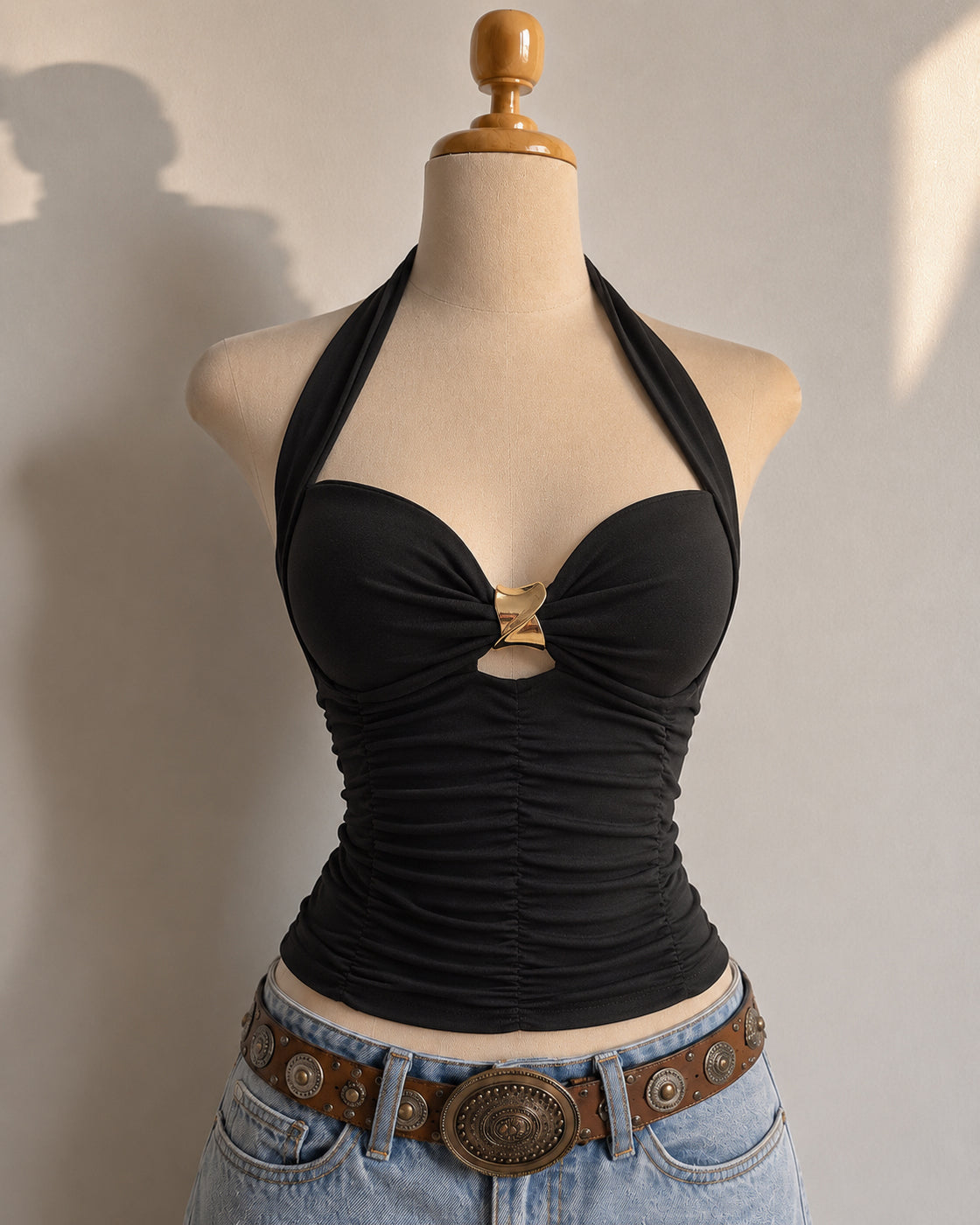 BROWNIE POINTS PADDED METAL DETAIL RUCHED BLACK HALTERNECK TOP