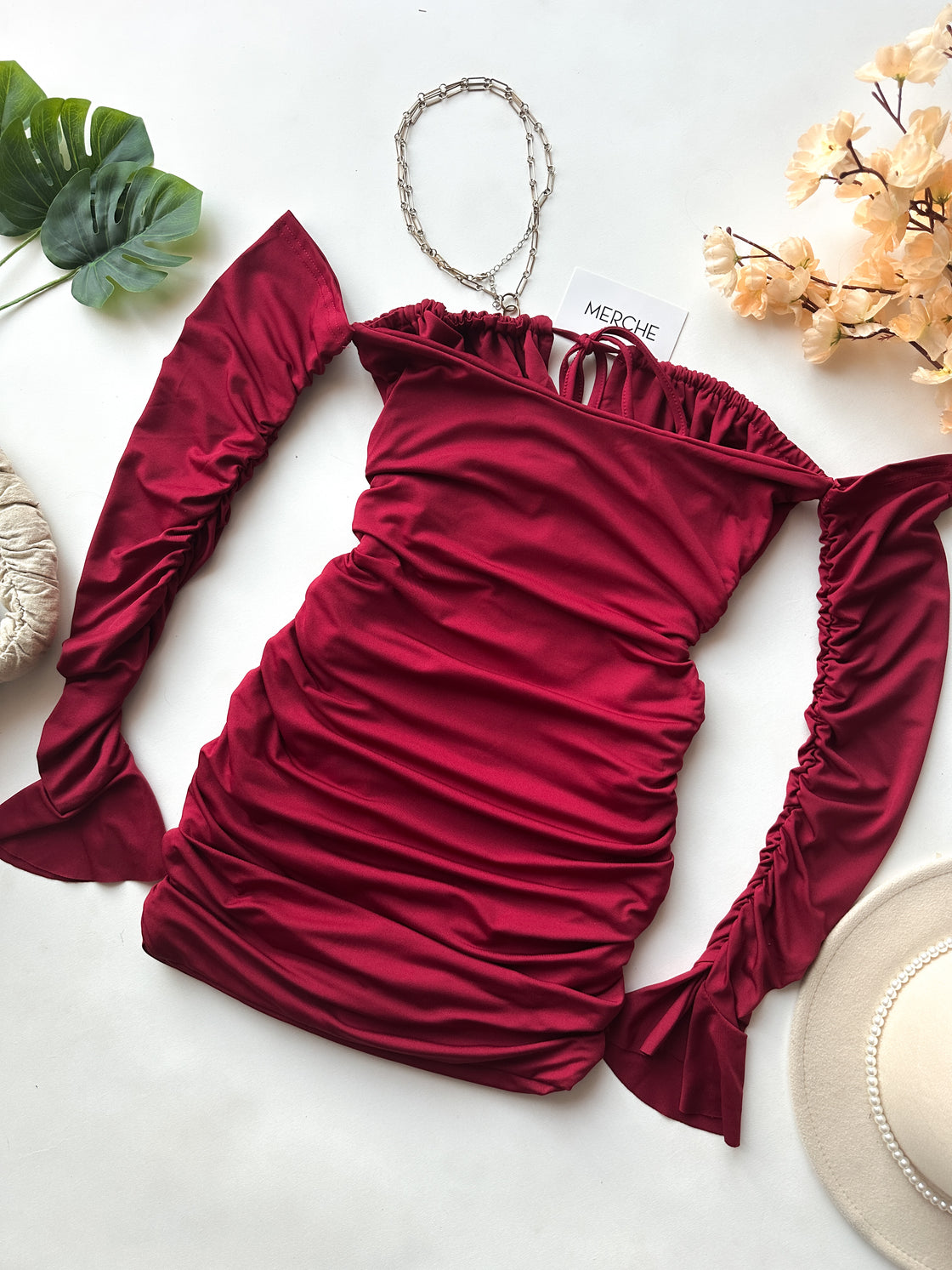 SUNSET MEMORY MAROON SLASH NECK DRESS