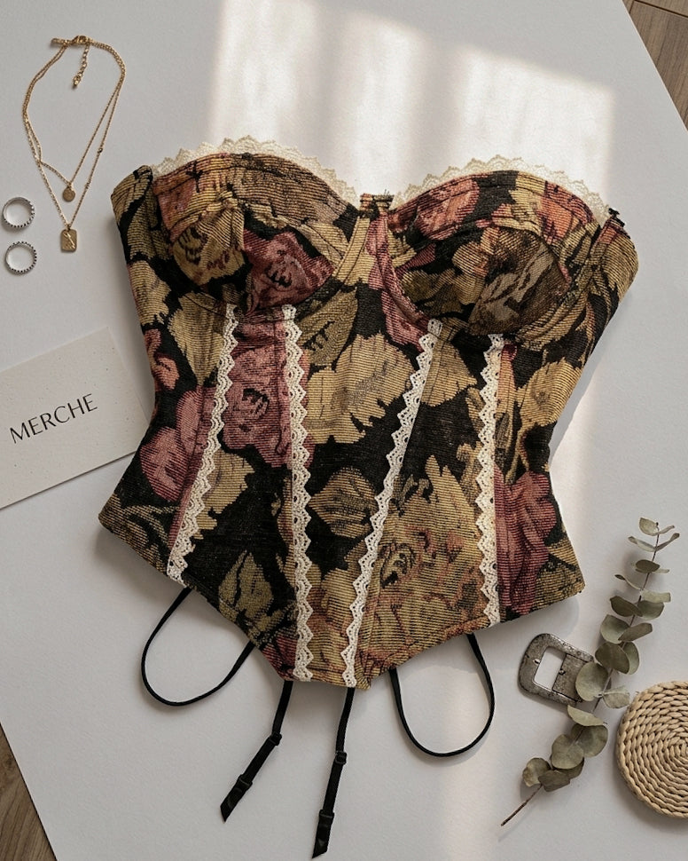 THE NIGHT ROUTINE LACE DETAIL JACQUARD CORSET