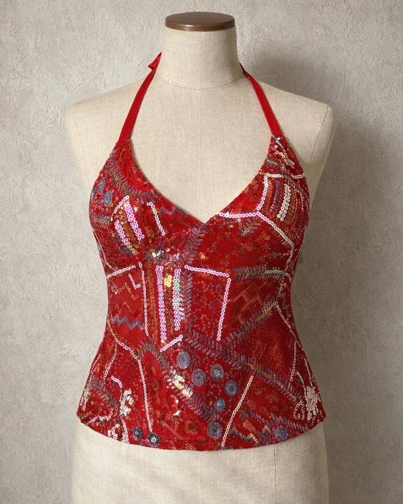 FIRE STARTER EMBROIDERED BACKLESS RED TOP