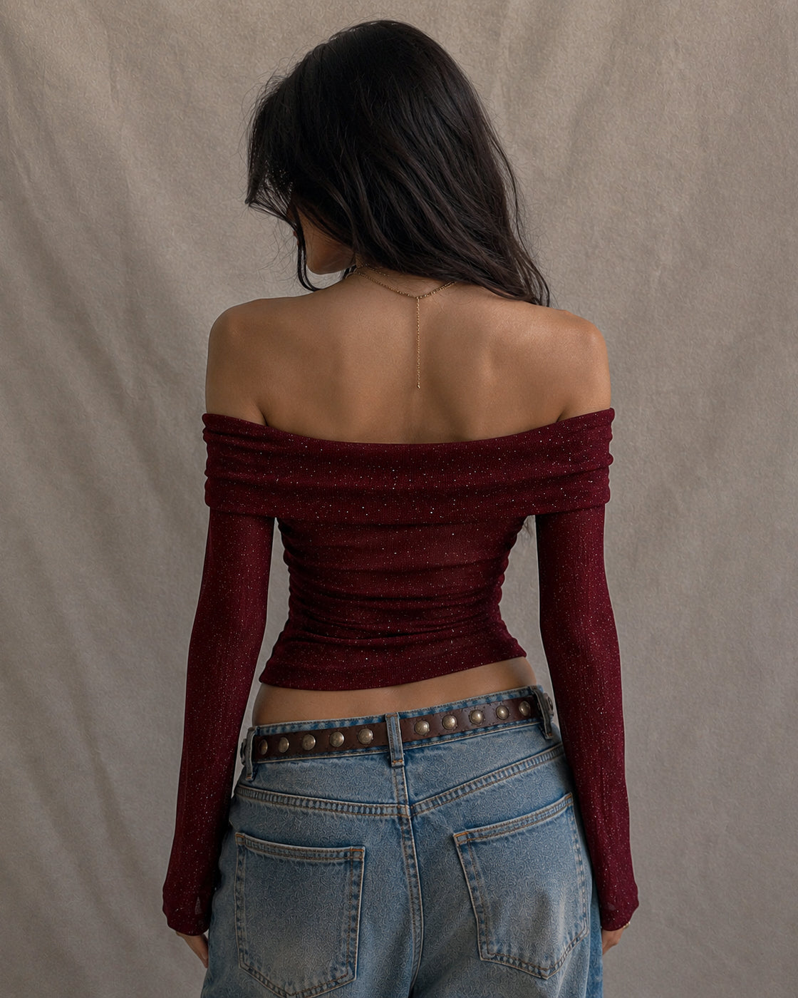 SHORES OF LOVE SHIMMER DEEP RED RUCHED DRAWSTRING TOP