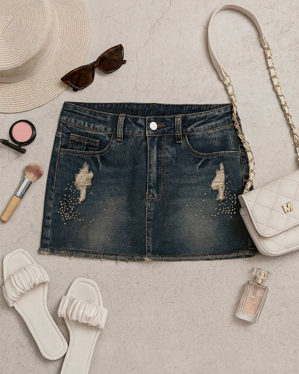 LIGHTS OUT EMBELLISHED DENIM MINI SKIRT