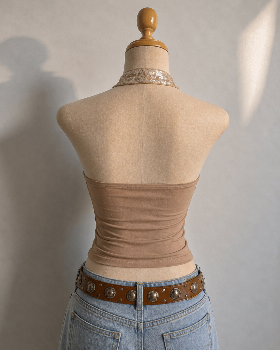 FORTUNES FAVOURITE GIRL SEQUIN AND DIAMOND EMBELLISHED MESH DETAIL HALTERNECK TOP