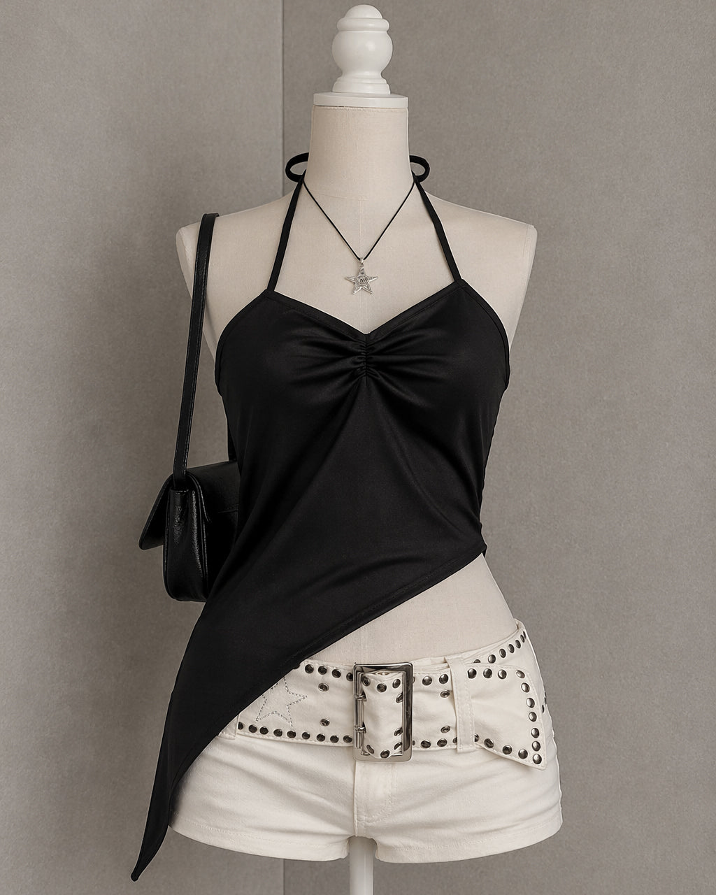 ITALIAN LOVER ASYMMETRICAL BLACK HALTERNECK TOP