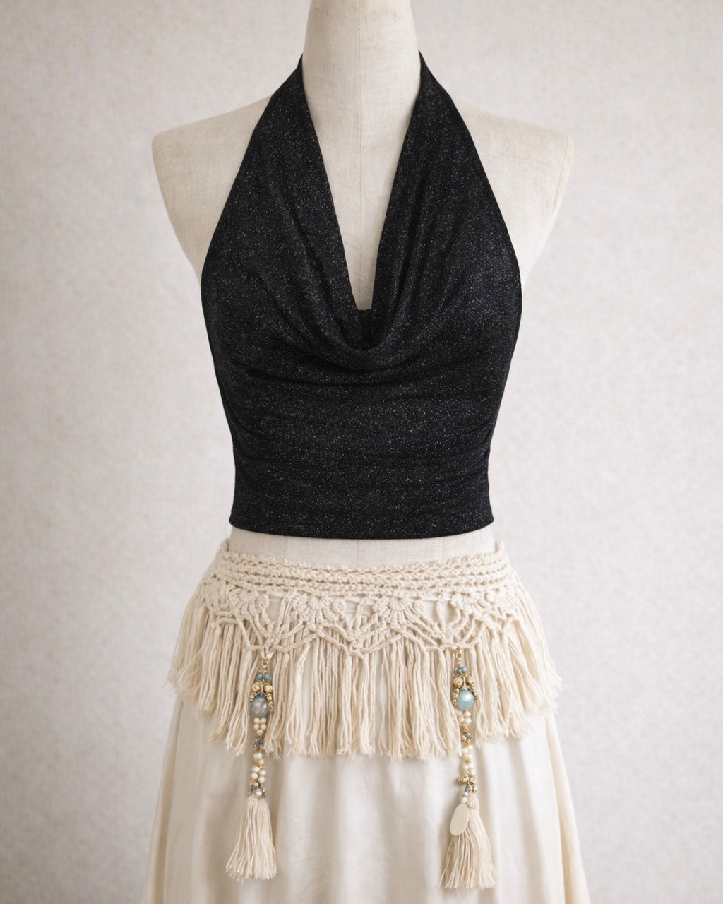 LALA LAND SHIMMER BOW-BACK COWL HALTERNECK TOP