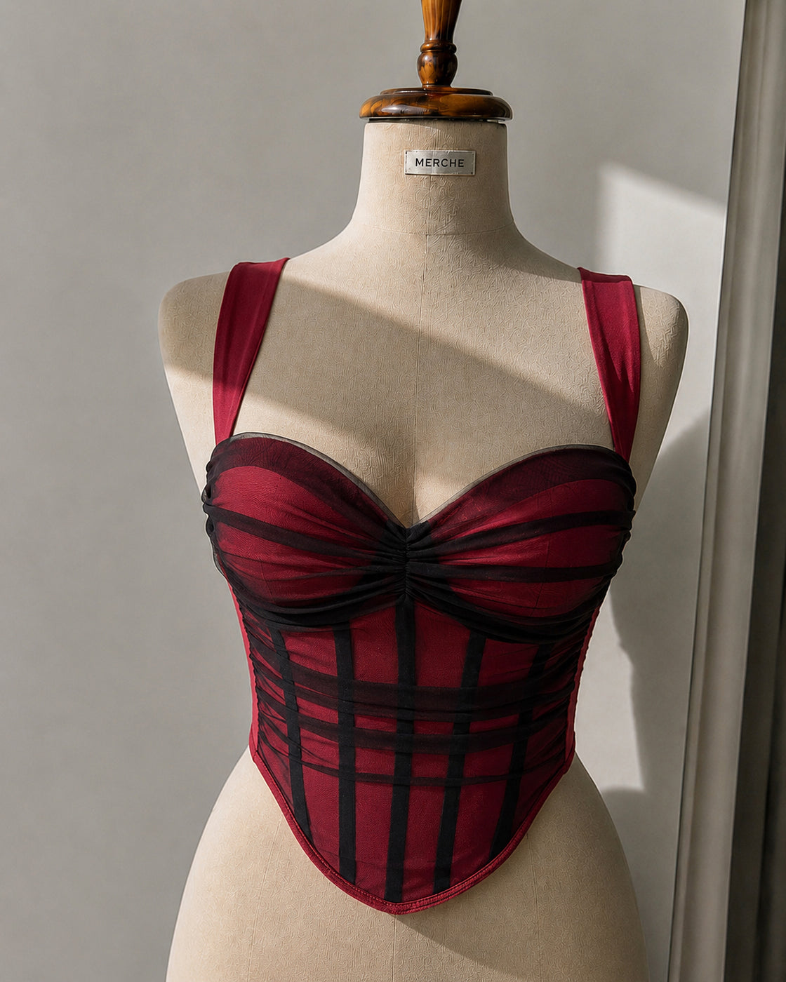 YOUR EX CALLED PADDED MESH OVERLAY BONING DETAIL RED CORSET