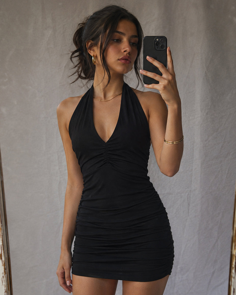 ACTUALLY ROMANTIC RUCHED BLACK HALTERNECK DRESS