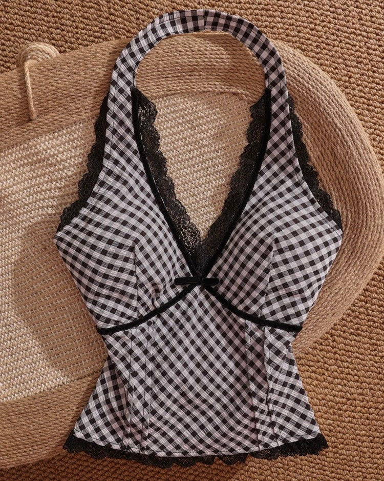 BEING NINETEEN BOW BACK CHECKS BLACK HALTERNECK TOP