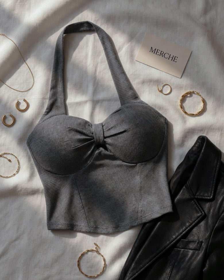 PEOPLE PLEASER PADDED GREY HALTERNECK TOP