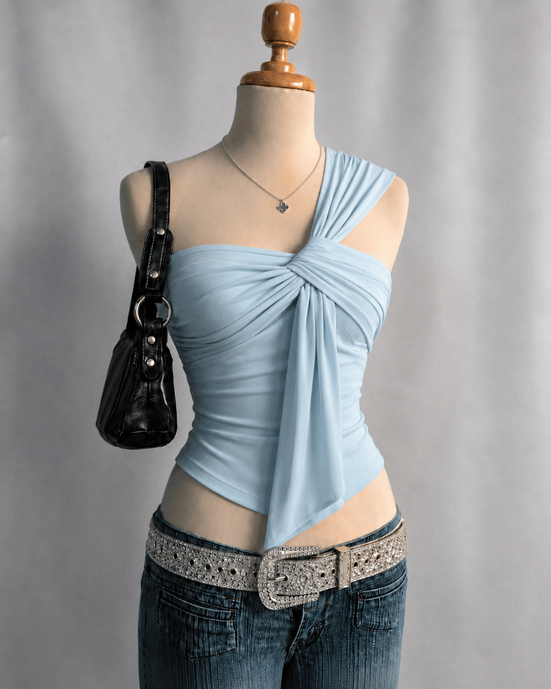 POST BREAKUP FIT DRAPED SHOULDER ICE BLUE ASYMMETRICAL TOP