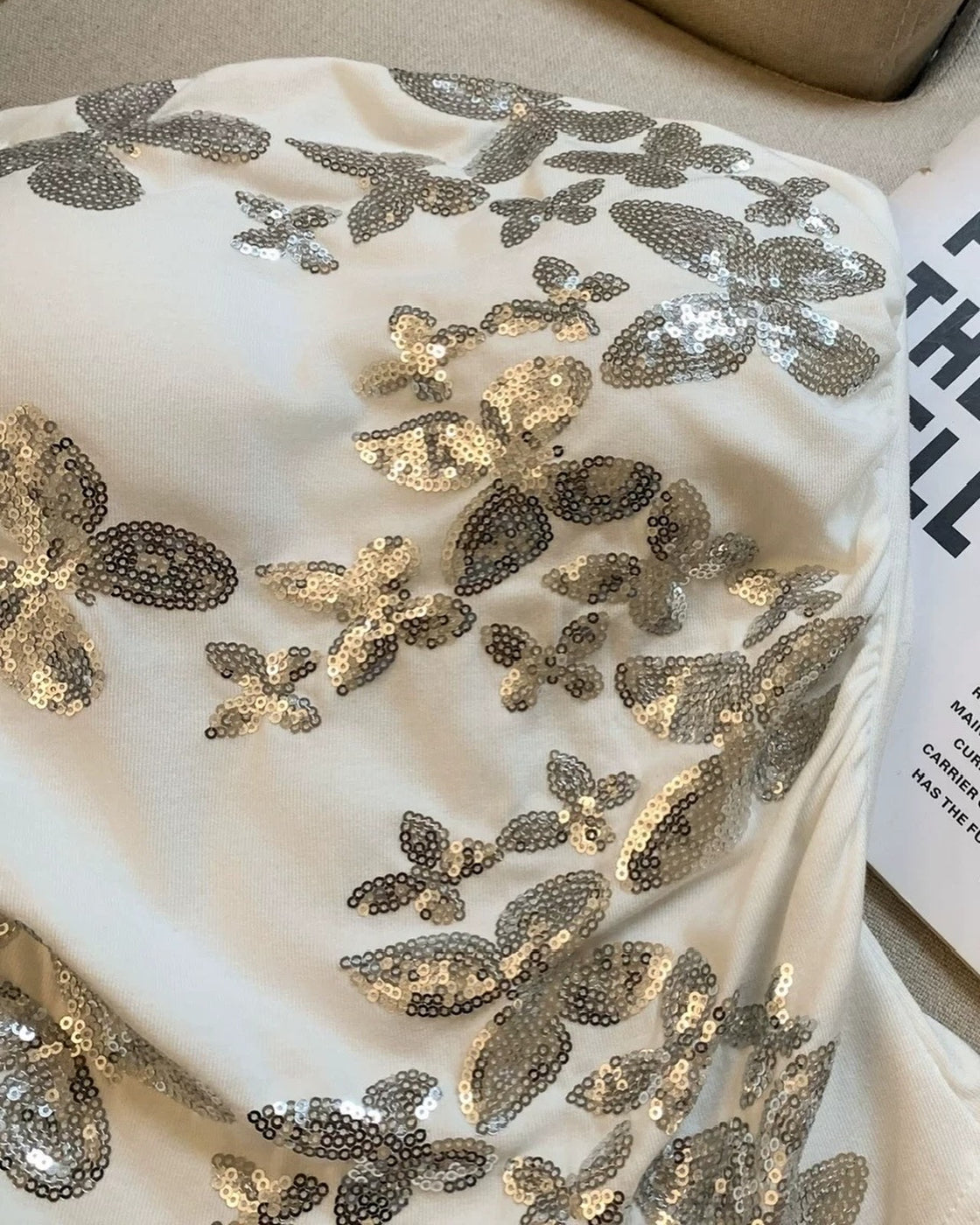 BUTTERFLIES AND EGO PADDED SEQUIN WHITE BANDEAU TOP
