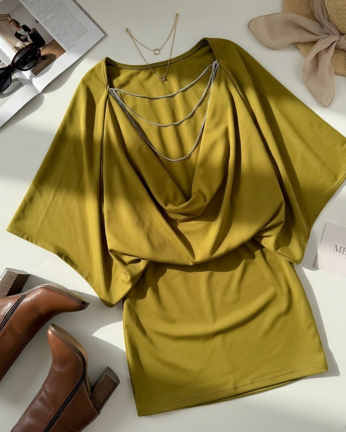 WE ARE STARDUST CHAIN BACK DETAIL DRAPED GREEN DRESS