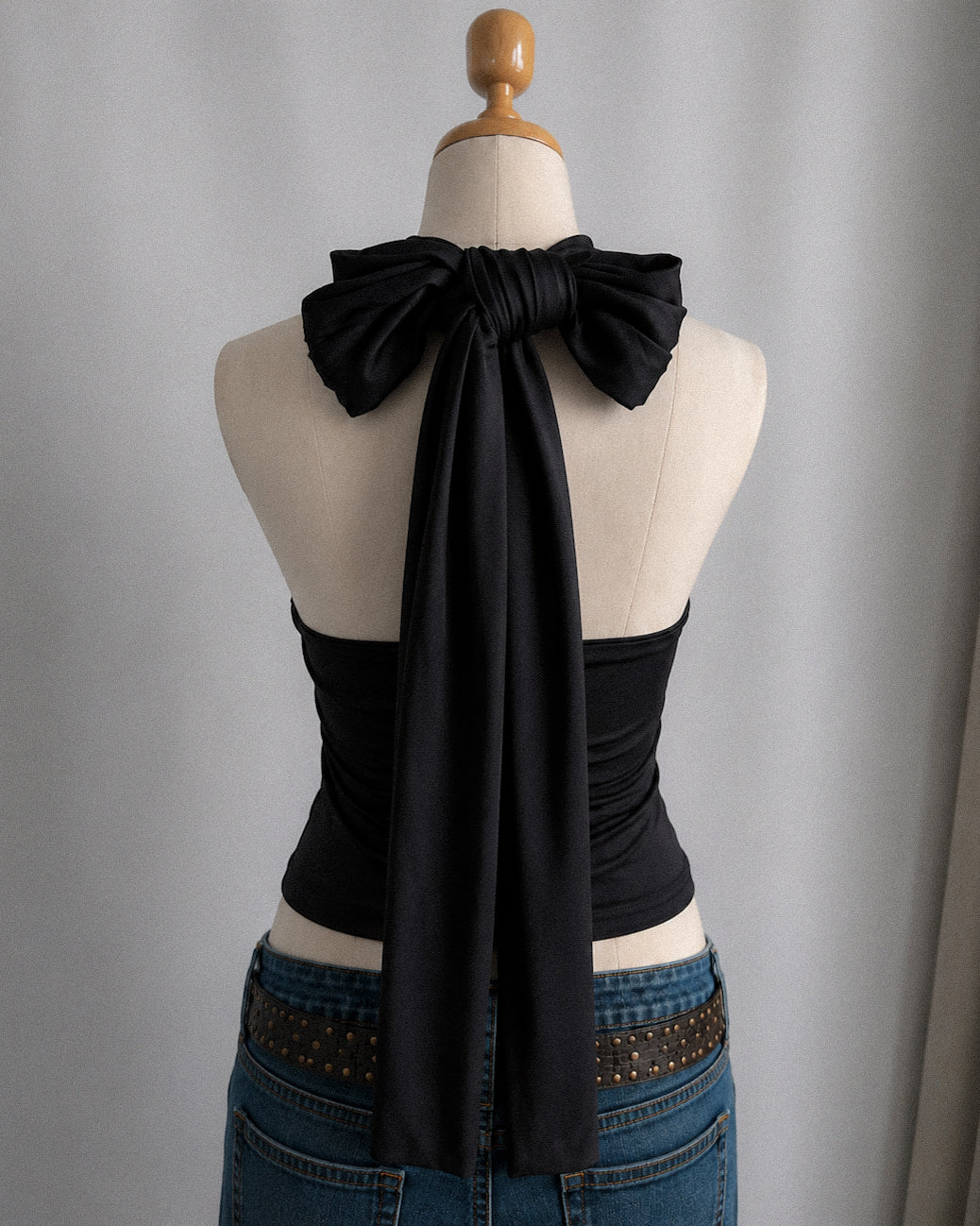 PAST LIFE LONG STRAPS MASSIVE BOW BLACK HALTERNECK TOP