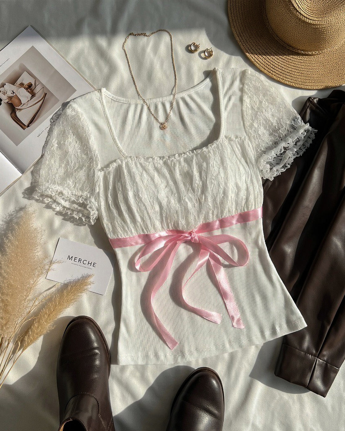 HOLA CHICA LACEY RIBBED WHITE TOP