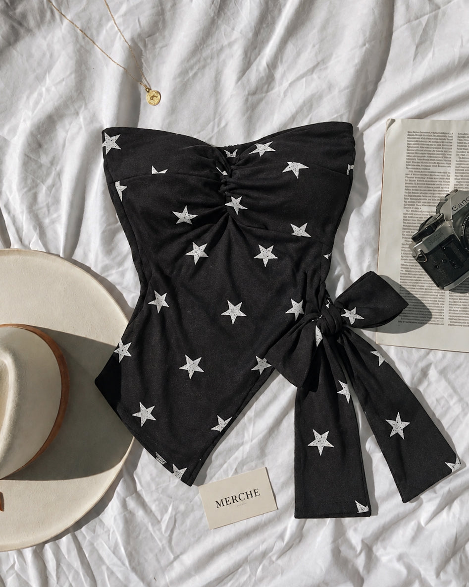 WRITTEN IN THE STARS PADDED TWISTED TIE-UP BLACK BANDEAU TOP