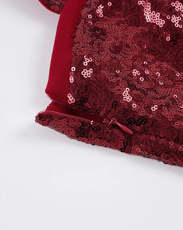VILLAIN BARBIE RED SEQUIN EMBELLISHED HALTERNECK DRESS