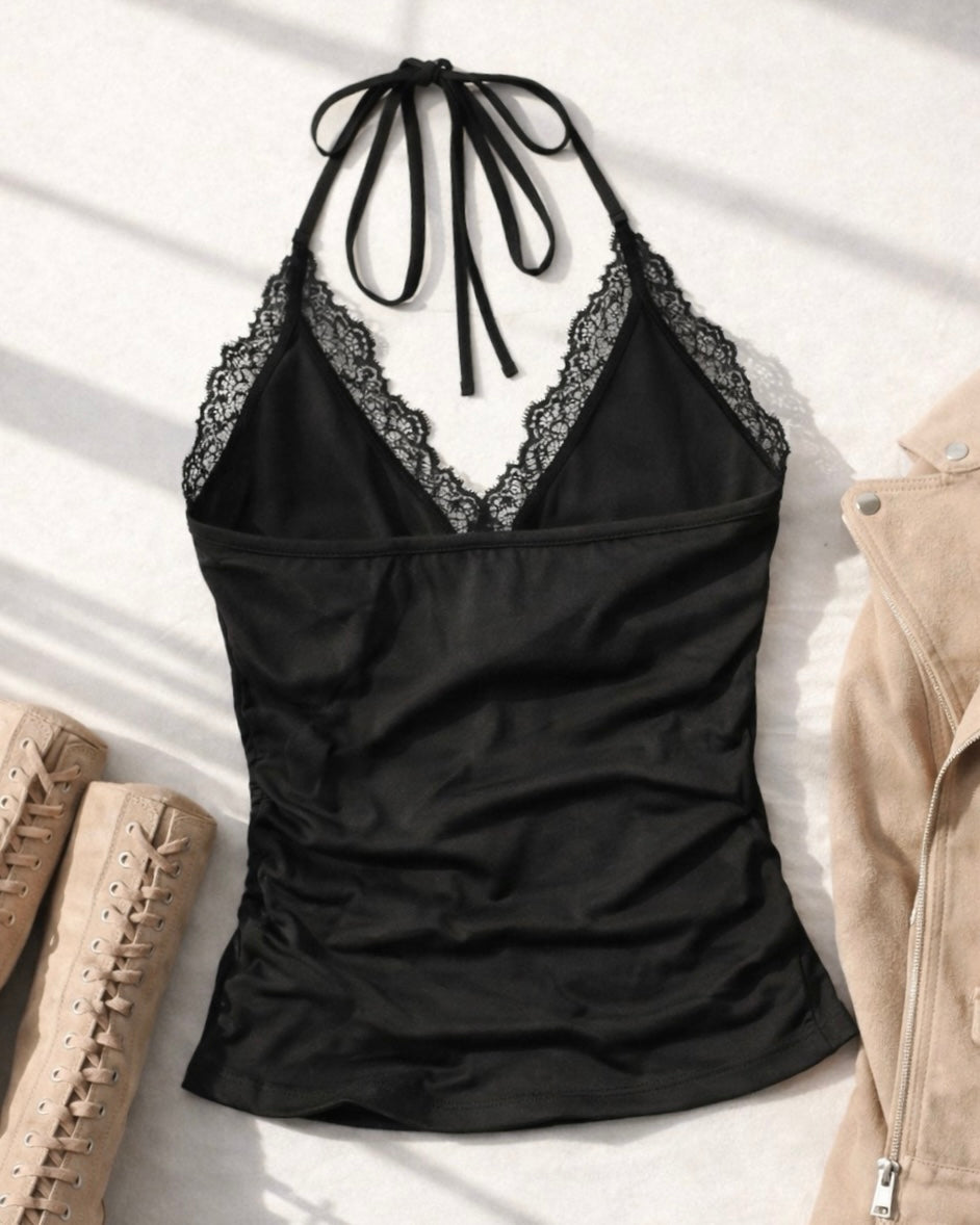 TAN SOLO LACEY LUXE BLACK HALTERNECK TOP