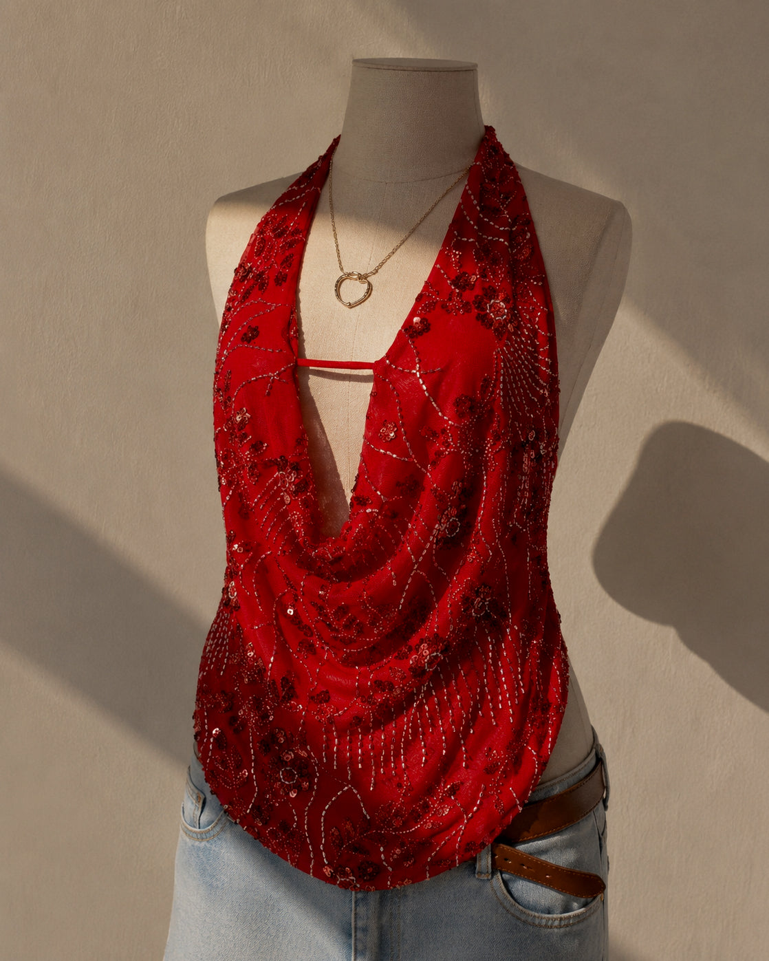 COSMIC DANCE EMBROIDERED COWL RED HALTERNECK TOP