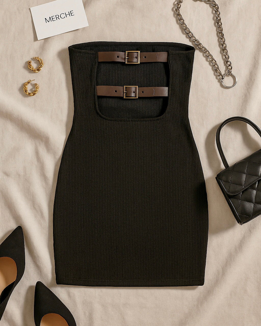 CASINO NIGHT BELT BACK BLACK BANDEAU DRESS