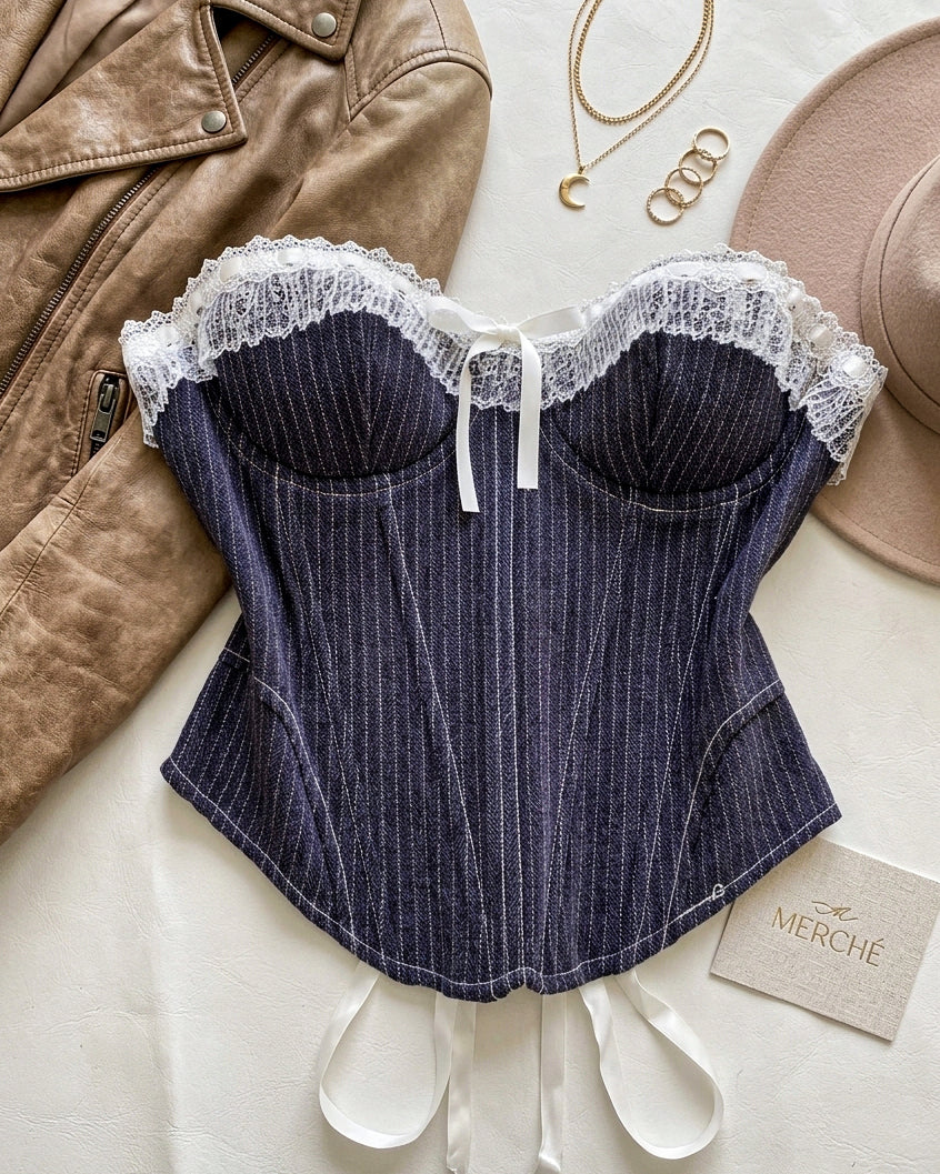 HOT TAKE PINSTRIPE LACEY INDIGO CORSET
