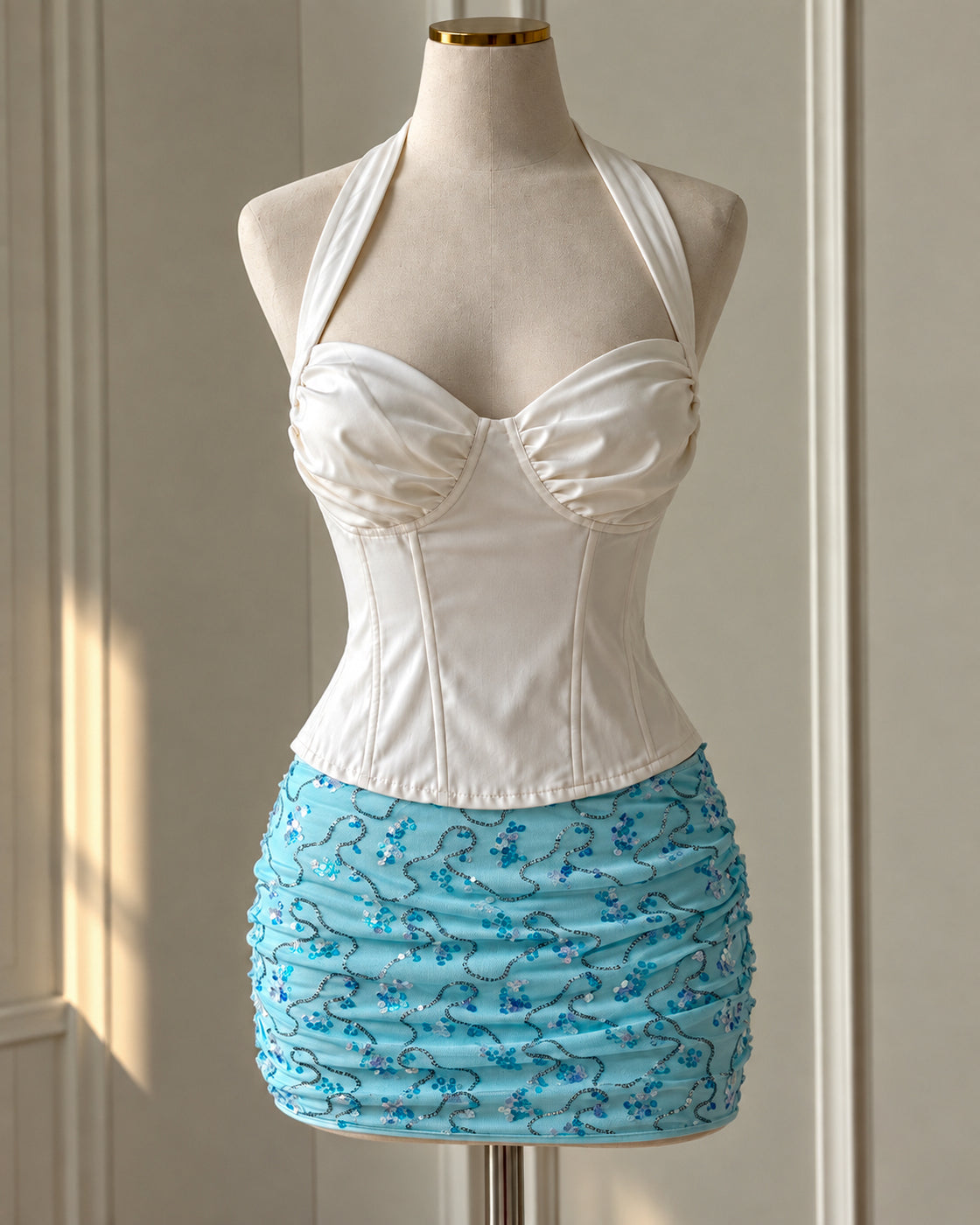 SIREN SEASON SEQUIN EMBELLISHED BLUE RUCHED SKIRT
