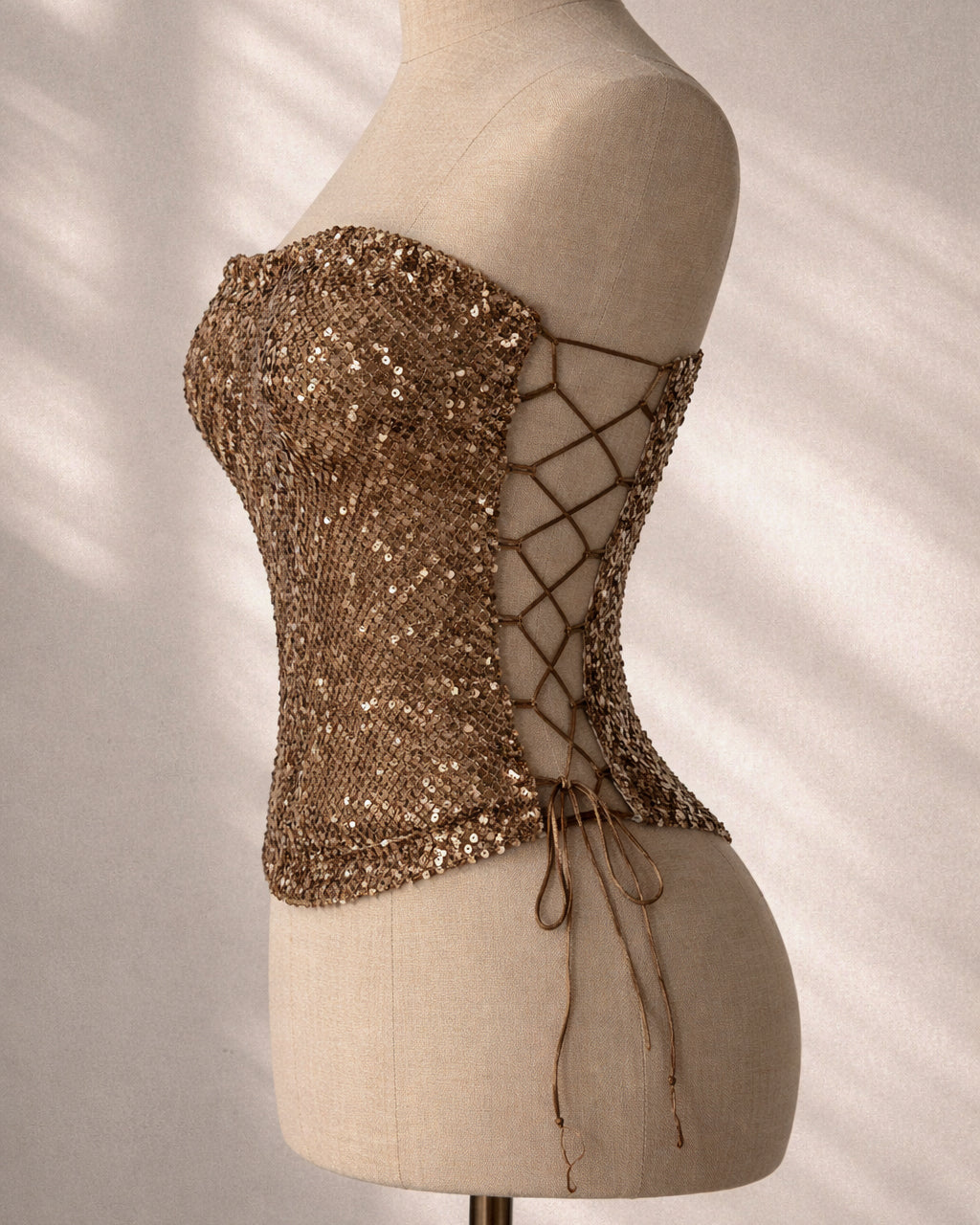 VALLEY GIRL SIDE LACE-UP BROWN SEQUIN CORSET TOP