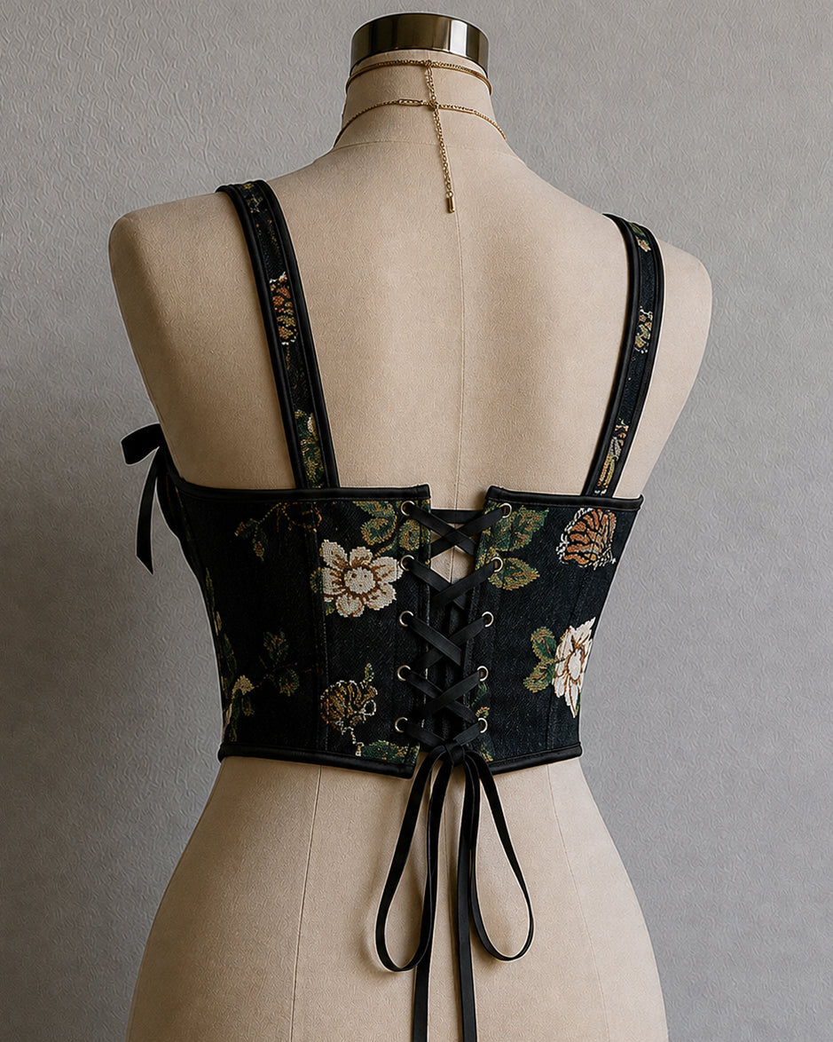 SHE BELONGS IN A MOVIE FLORAL JACQUARD BLACK CORSET