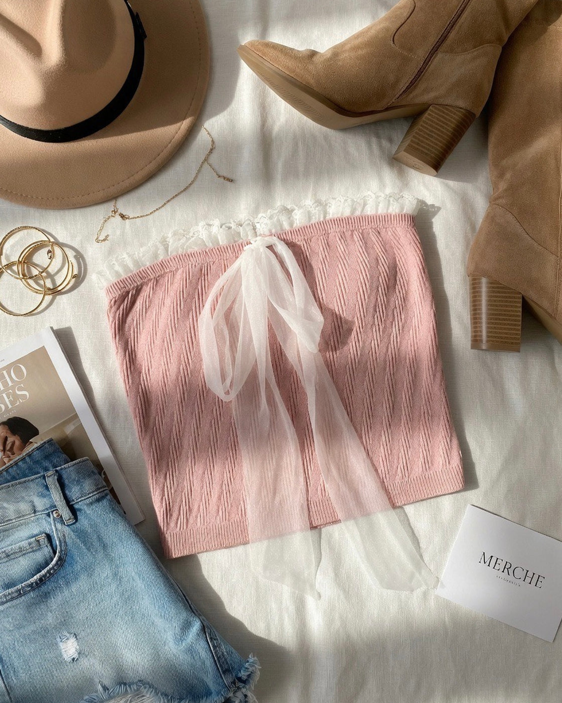 IN A DREAM MESH DETAIL PINK BANDEAU TOP