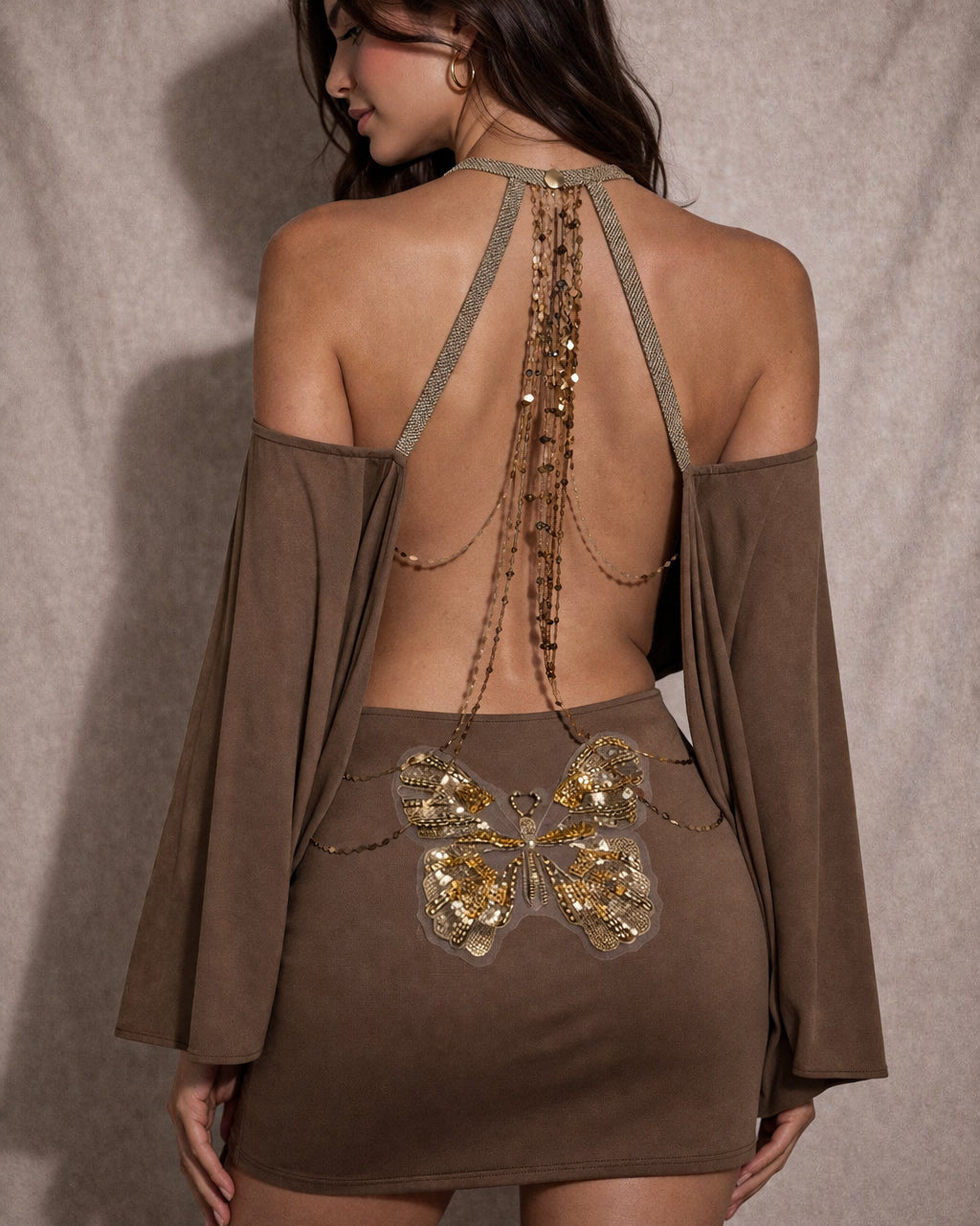 ICONS ONLY EMBELLISHED OPEN-BACK EMBROIDERED BROWN DRESS