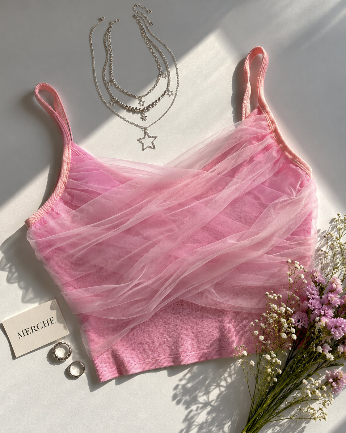 WINGS OF MINE MESH DRAPE PINK CAMI TOP