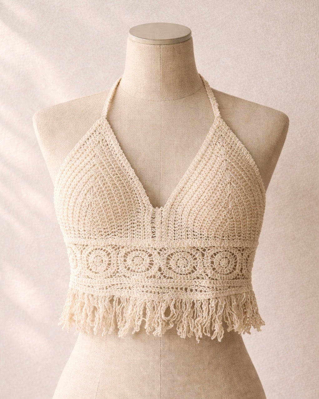 FRINGE WITH BENEFITS CROCHET HALTERNECK TOP