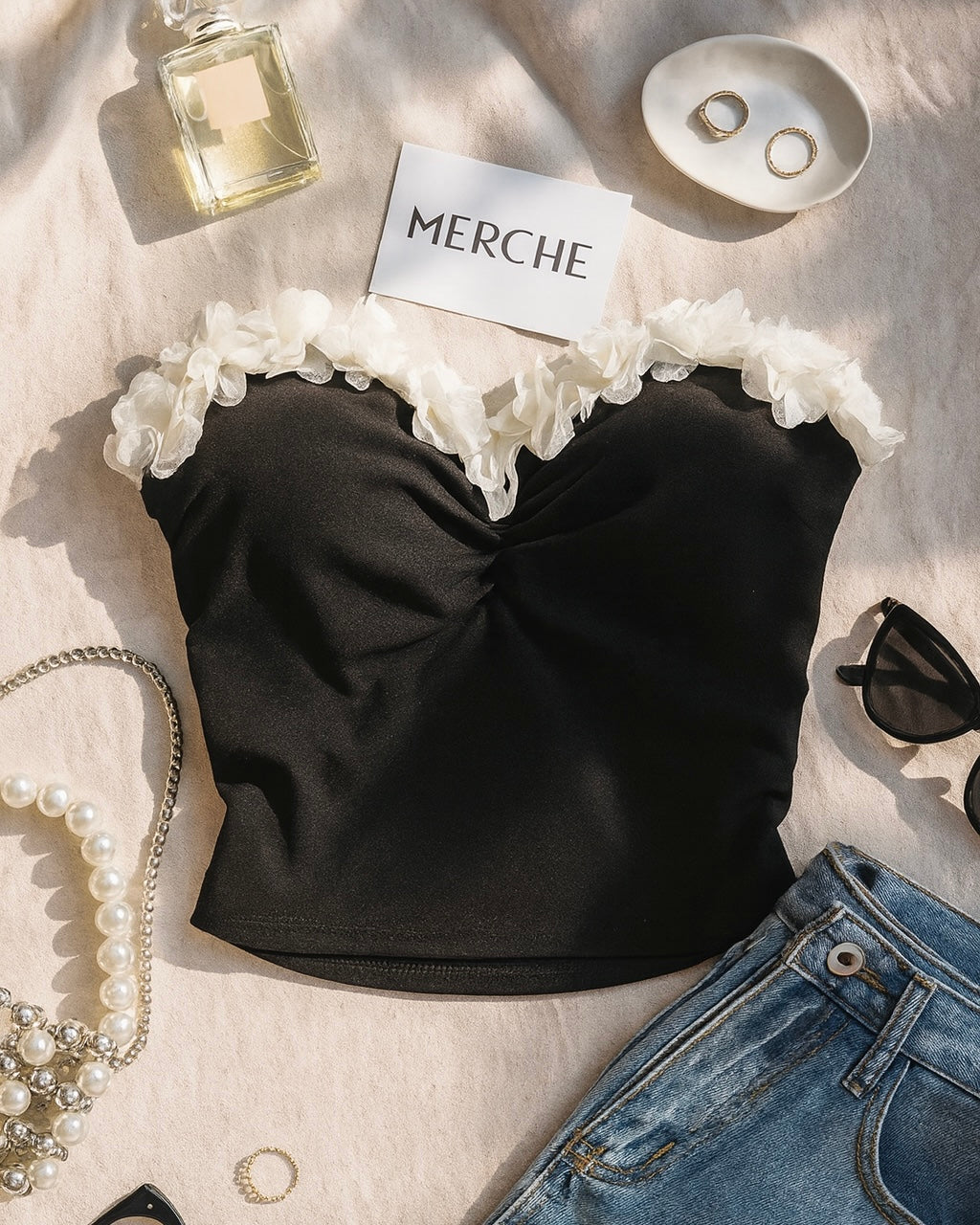 BLOOM BABY APPLIQUE PADDED BLACK BANDEAU TOP