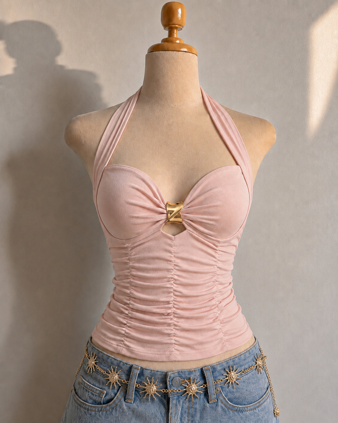 BROWNIE POINTS PADDED METAL DETAIL RUCHED BLUSH HALTERNECK TOP