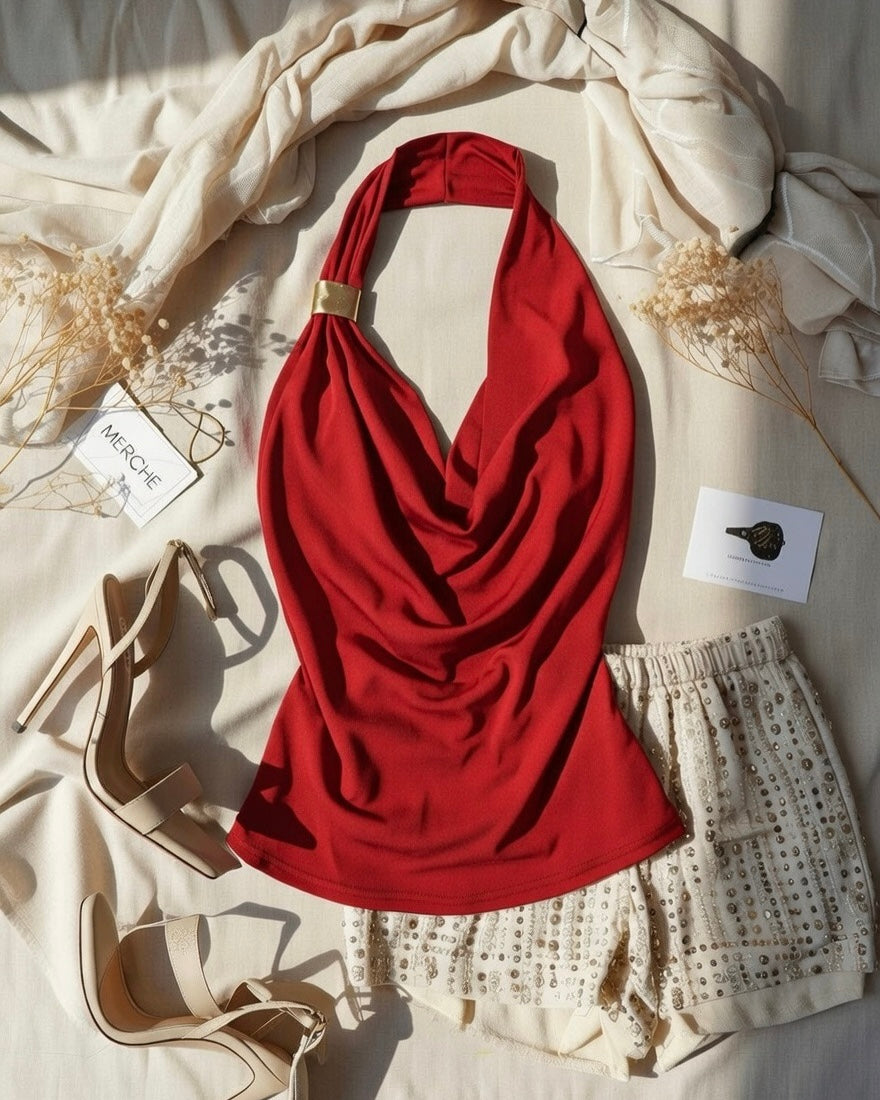 FOR THE GRAM COWL METAL DETAIL RED HALTERNECK TOP