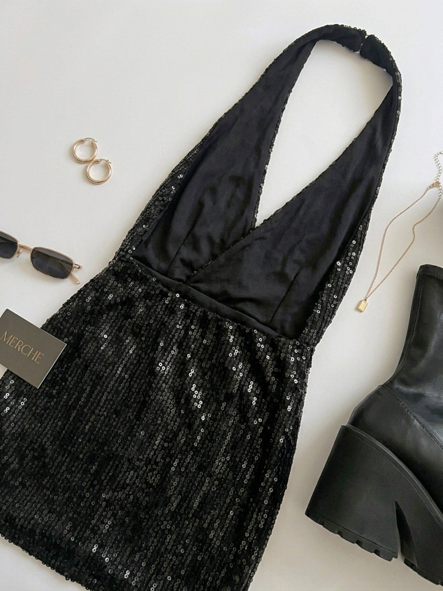 LOST IN YOUR EYES SEQUIN EMBELLISHED HALTETNECK DRESS