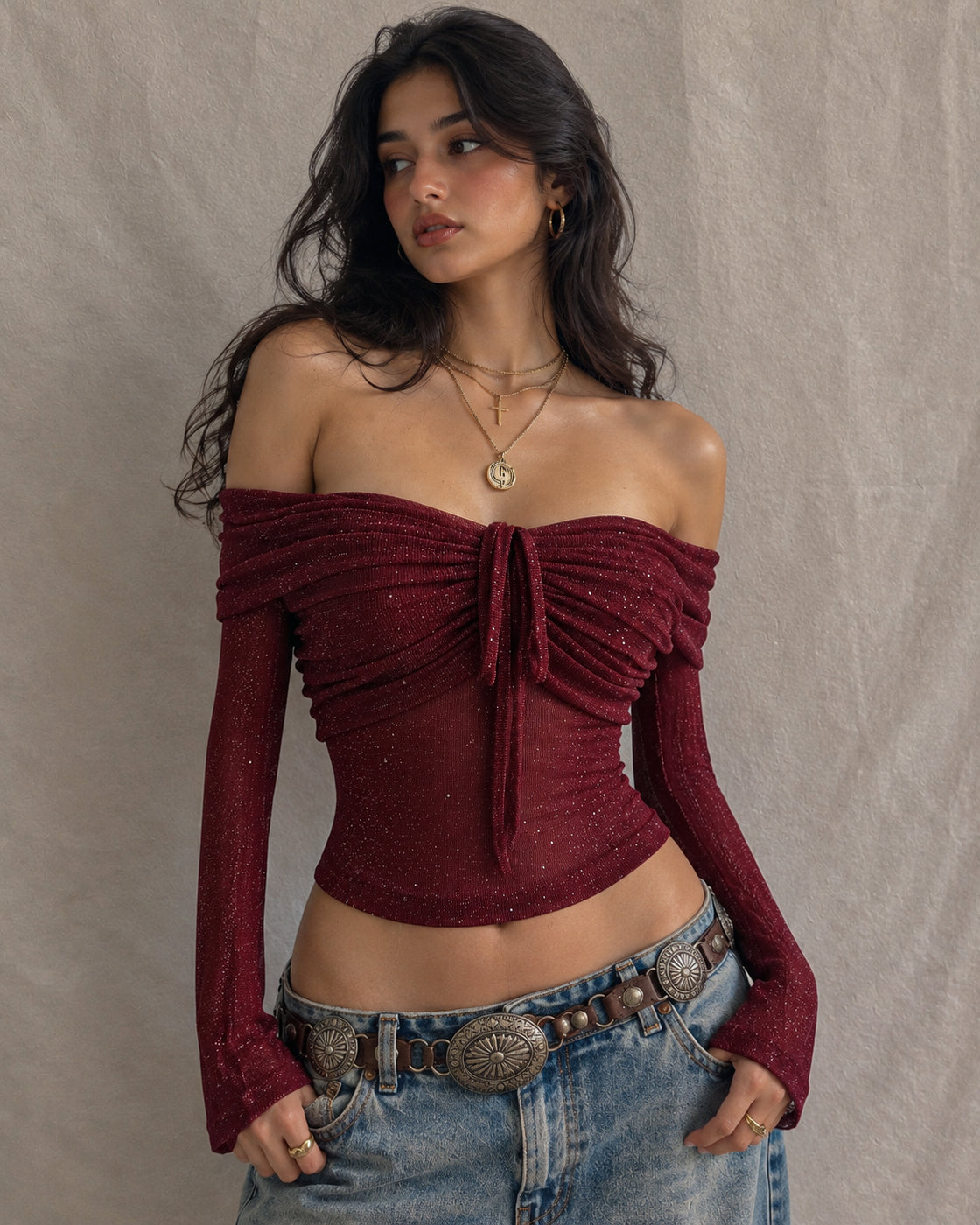 SHORES OF LOVE SHIMMER DEEP RED RUCHED DRAWSTRING TOP