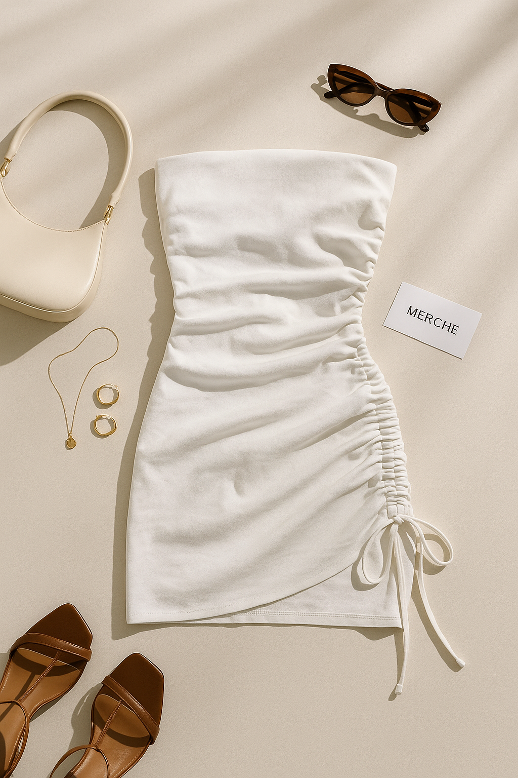 SOFT SERVE LINEN DRAWSTRING WHITE MINI DRESS