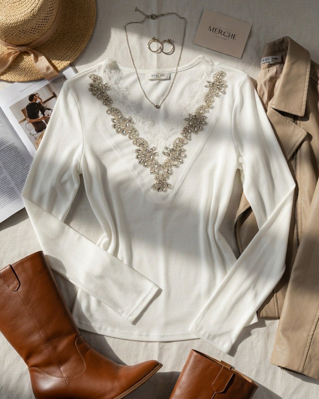 FROM A ROMCOM RHINESTONE EMBELLISHED WHITE LUXE TOP