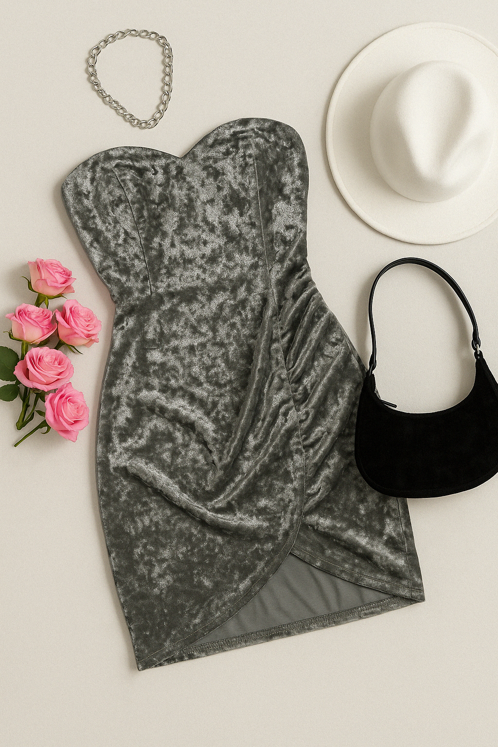 NIGHT IN CABANA SILVER VELOUR DRESS