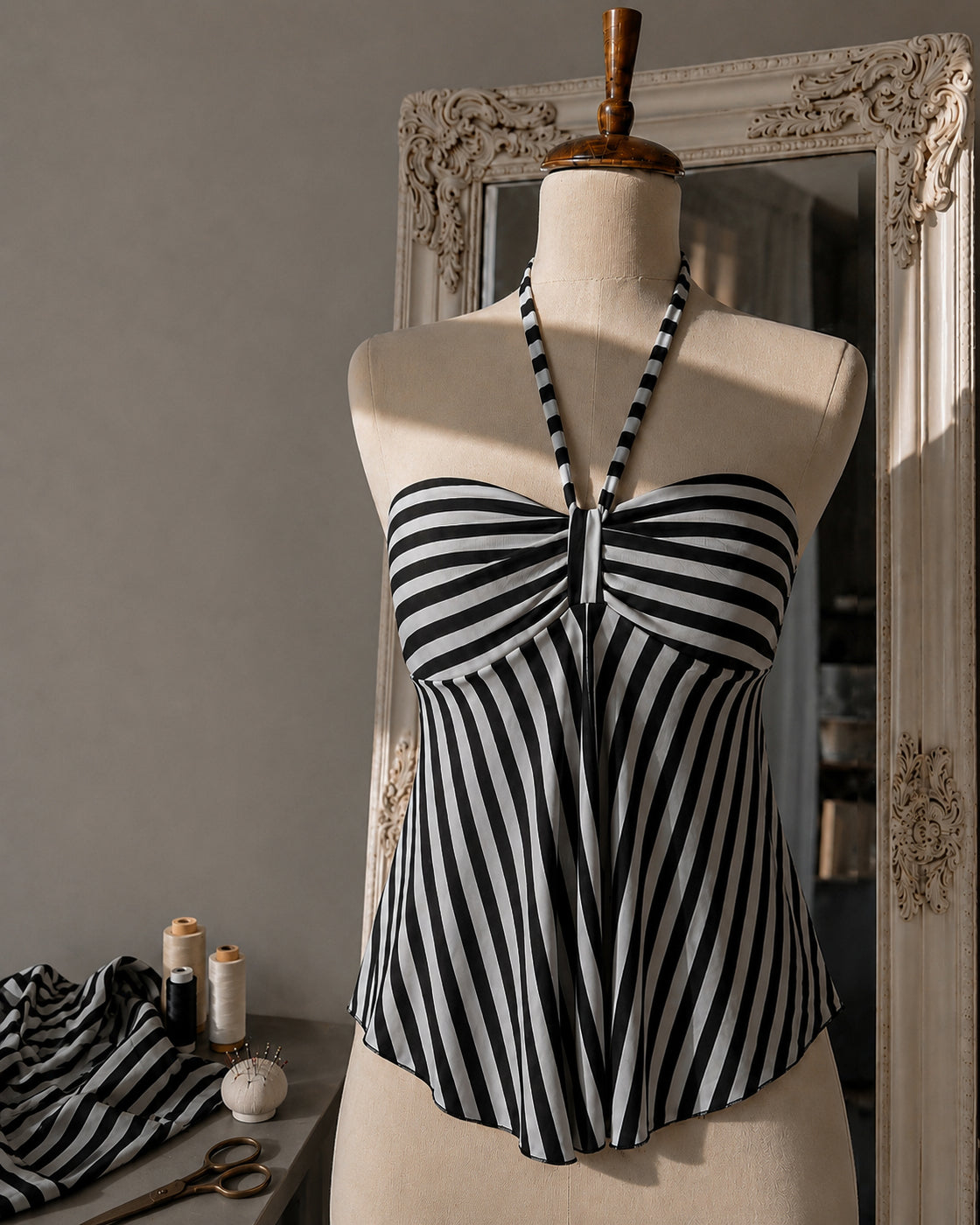 CHESS OF LIFE STRIPED SWEETHEART TIE-UP HANDKERCHIEF TOP
